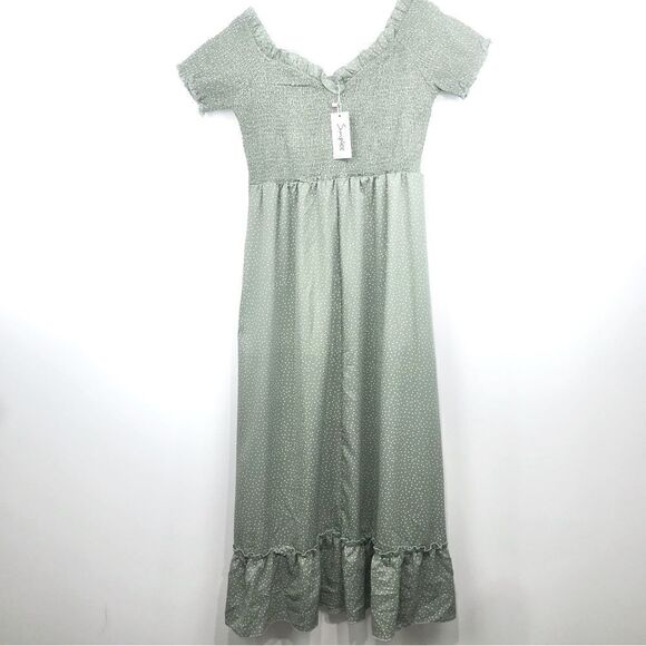 Simplee NEW Green Micro Dot Smocked Ruffle Dress - Picture 1 of 12